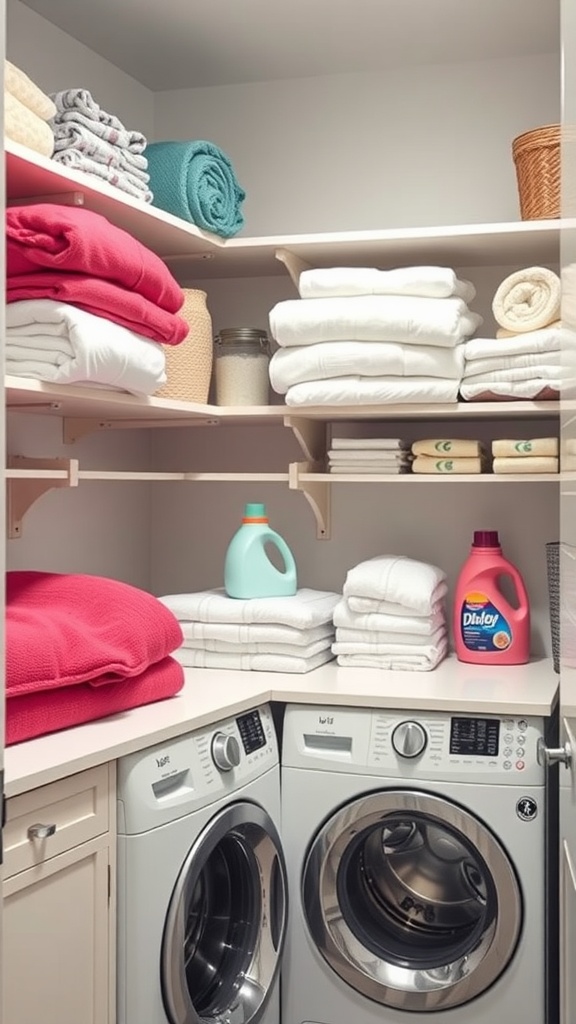 Neatly organized laundry room with shelves above washer and dryer, showcasing towels and detergents.