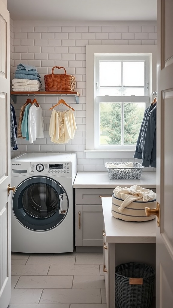 Laundry room with counter space above washer and dryer, featuring shelves and neatly arranged clothing.