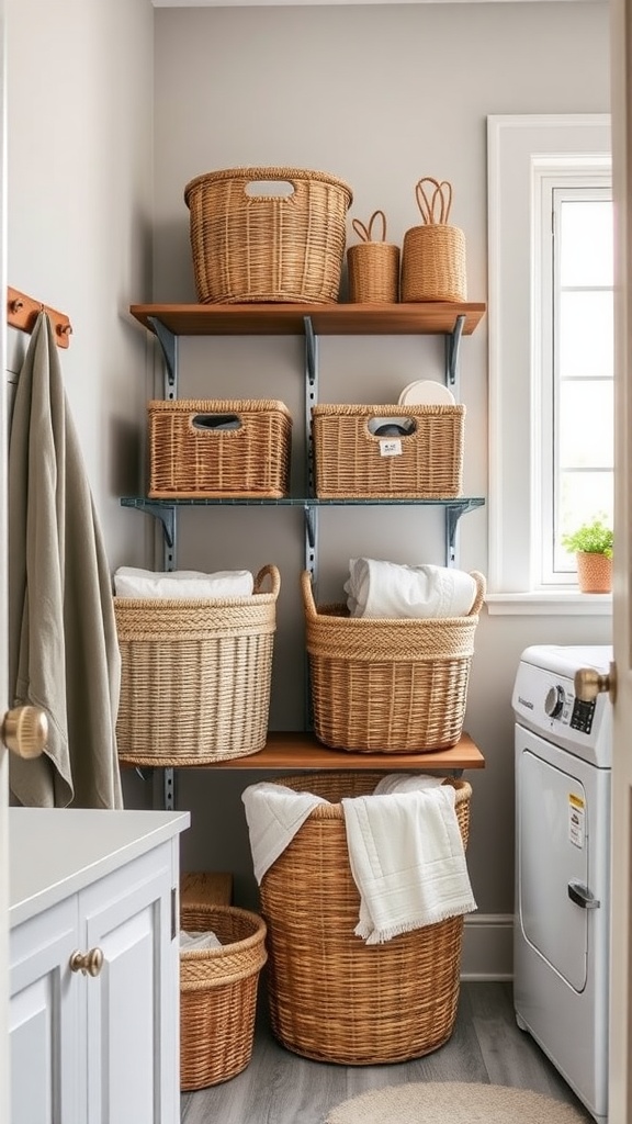 A laundry room with decorative baskets for storage, featuring gray walls and a washing machine.