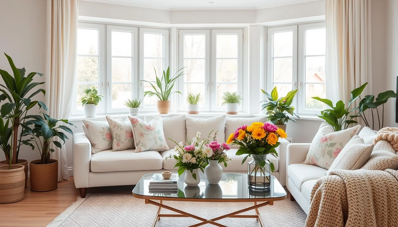 Spring-inspired living room with pastel colors, floral pillows, potted plants, and sunlight streaming through large windows.