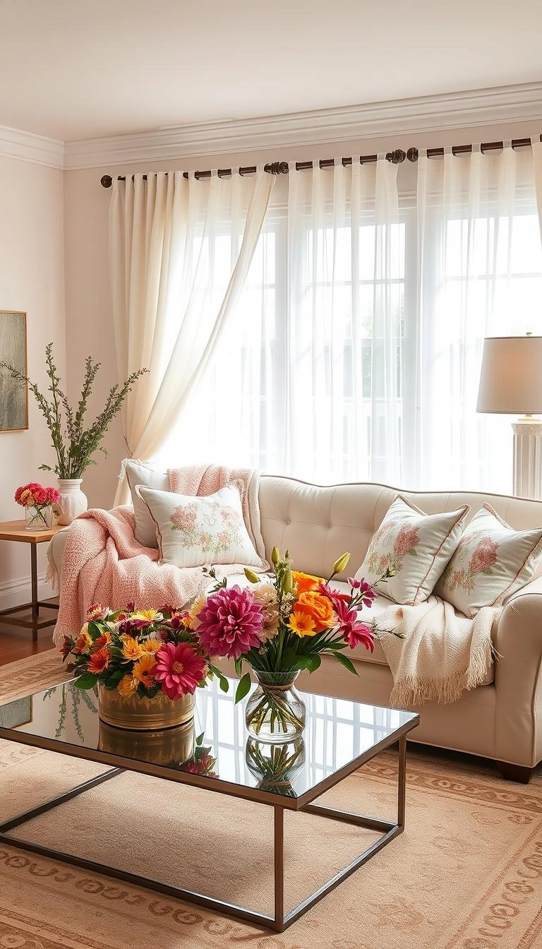 Spring living room with pastel throws, floral cushions, sheer curtains, flower-adorned coffee table, and soft, welcoming decor.