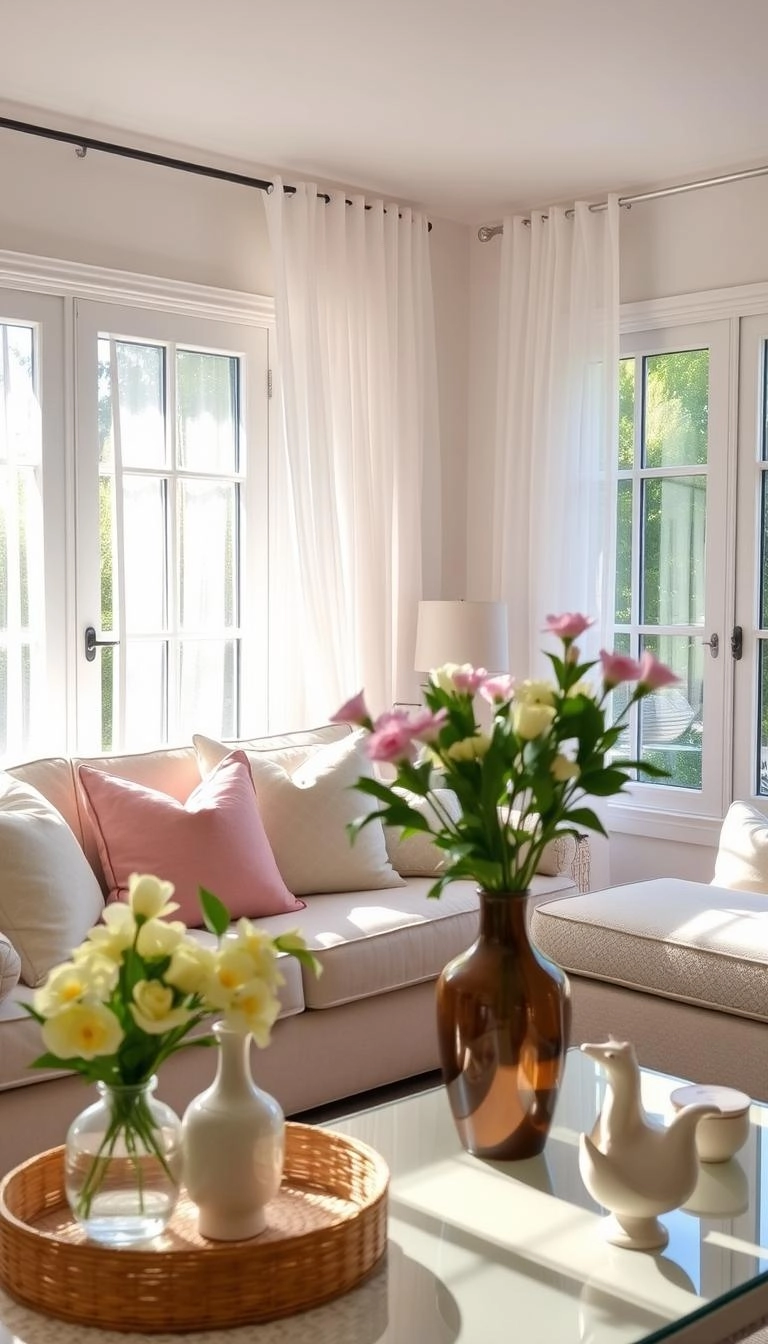 Spring-inspired living room with sheer curtains, pastel cushions, flowers, sunlit windows, and soft natural lighting.