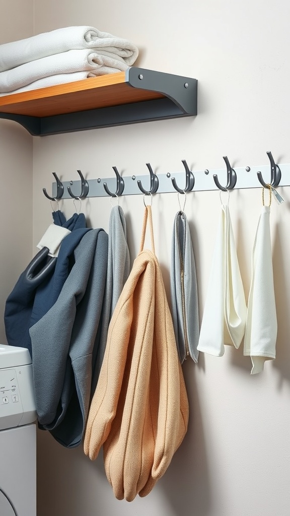 A laundry room with hooks for hanging clothes and towels, featuring a shelf above.