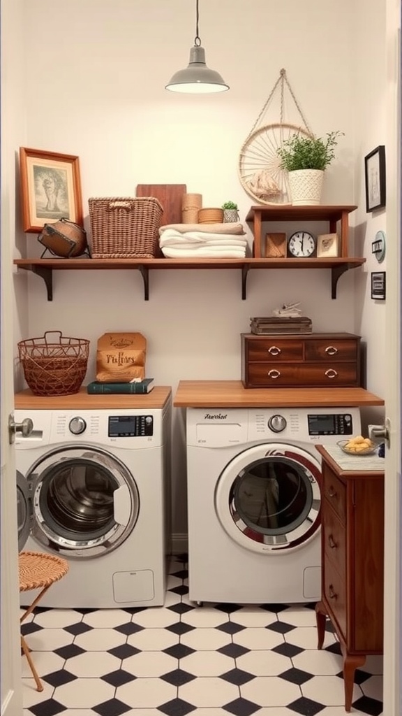 A cozy laundry room featuring old furniture used for storage and organization.