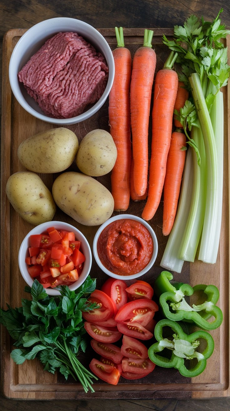 Fresh cooking ingredients on a wooden chopping board including ground beef in a white bowl, potatoes, carrots, celery, tomatoes, bell peppers, parsley, and basil.