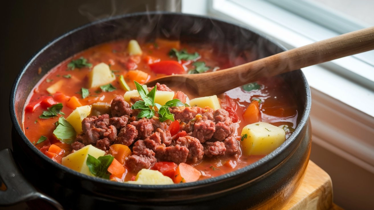 A steaming pot of hamburger soup with golden ground beef, potatoes, carrots, celery, and bell peppers in a rich tomato broth, garnished with fresh parsley or basil. A wooden spoon rests inside the pot, surrounded by a warm glow.