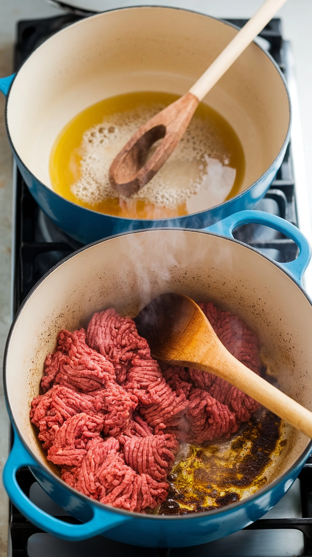 A simmering pot on the stovetop with ground beef in olive oil
