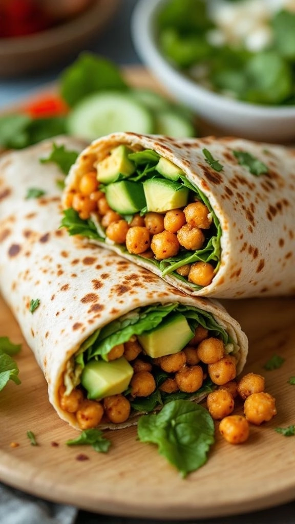 Chickpea and avocado wrap with spinach and cucumber