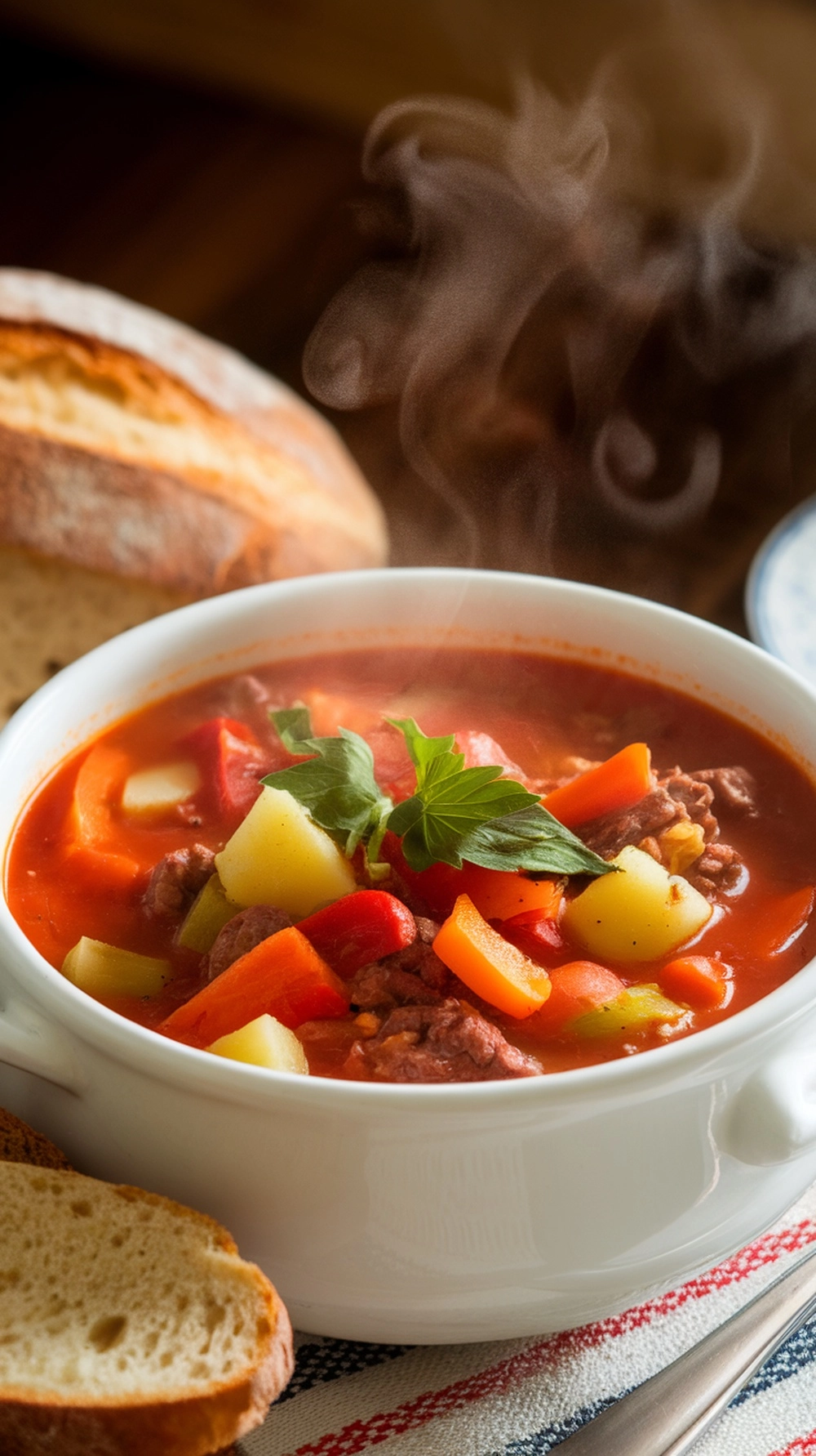 Burger Soup That Is Cozy and Full of Flavor 1 A hearty bowl of homemade hamburger soup served hot, filled with tender potatoes, carrots, celery, and colorful bell peppers in a rich tomato-beef broth. Garnished with fresh parsley or basil, the soup sits on a cozy kitchen table beside a slice of crusty bread, with steam rising invitingly from the bowl.