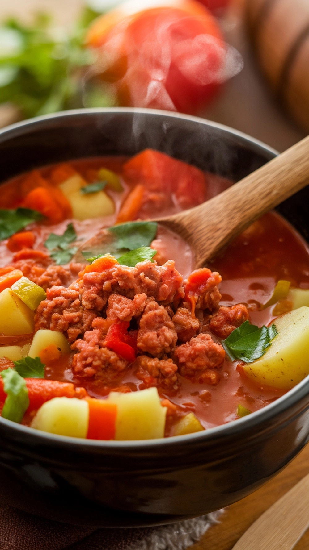  A steaming bowl of hamburger soup with golden ground beef, potatoes, carrots, celery, and bell peppers in tomato broth, garnished with fresh parsley or basil, and a wooden spoon beside it.