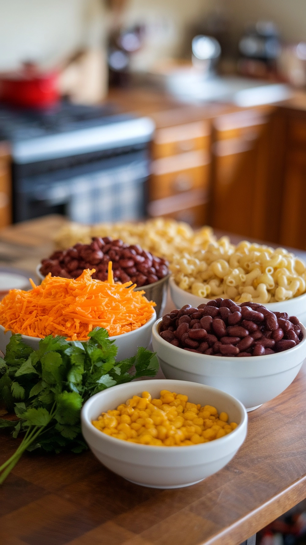 Raw ingredients for hamburger soup add-ins: shredded cheddar, elbow macaroni, beans, corn, and fresh herbs arranged in small bowls on a wooden countertop.