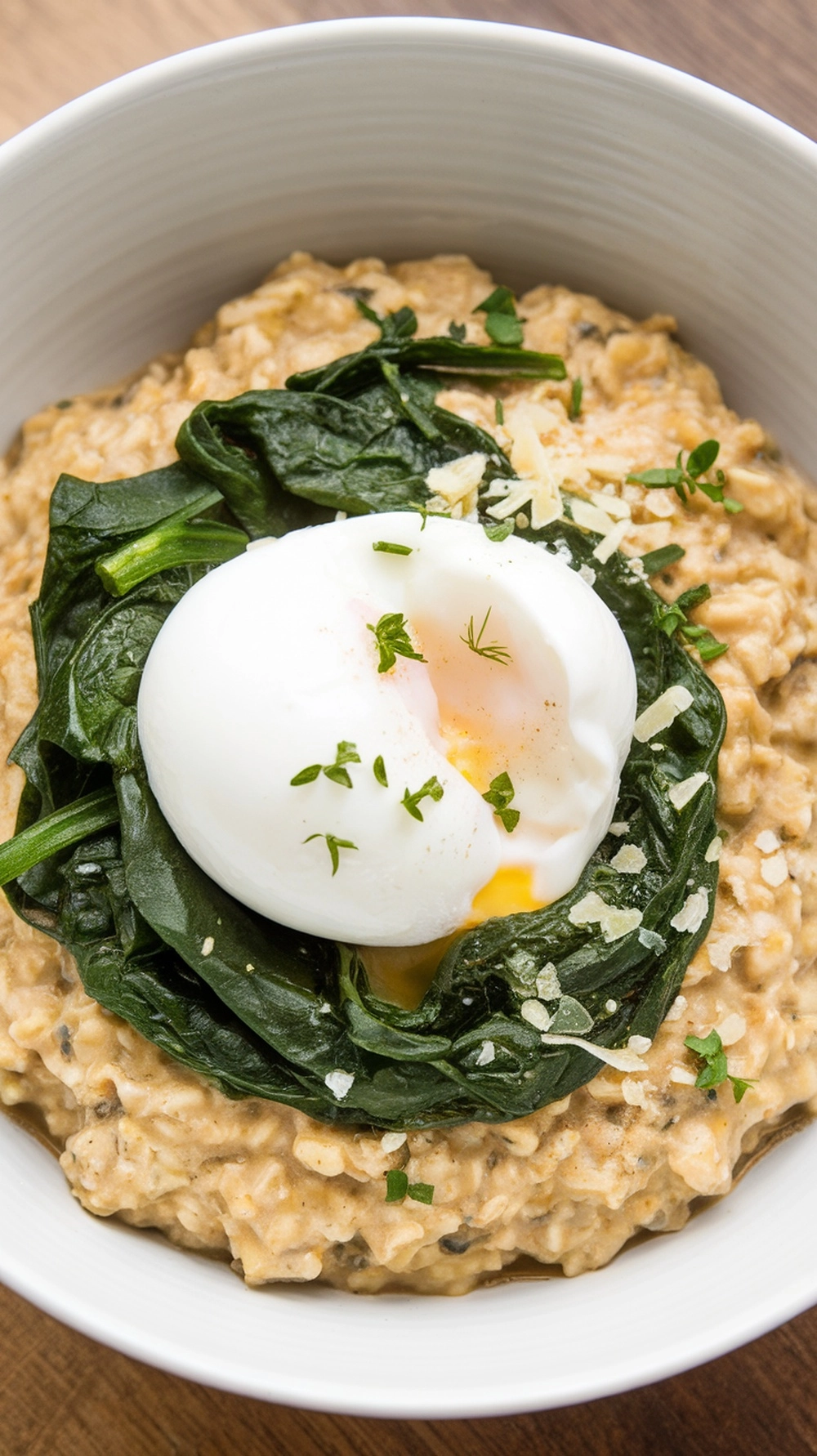 Savory oatmeal topped with sautéed spinach and a poached egg, garnished with herbs.