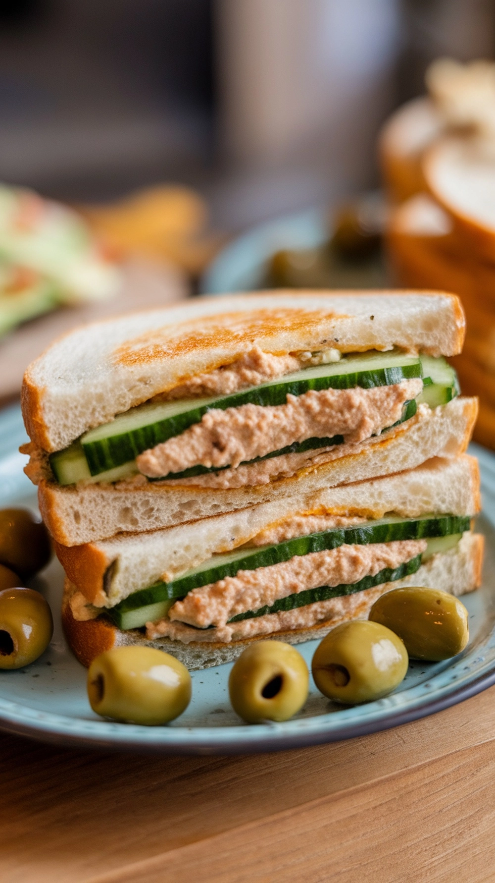 Cucumber and hummus sandwiches arranged on a plate with olives