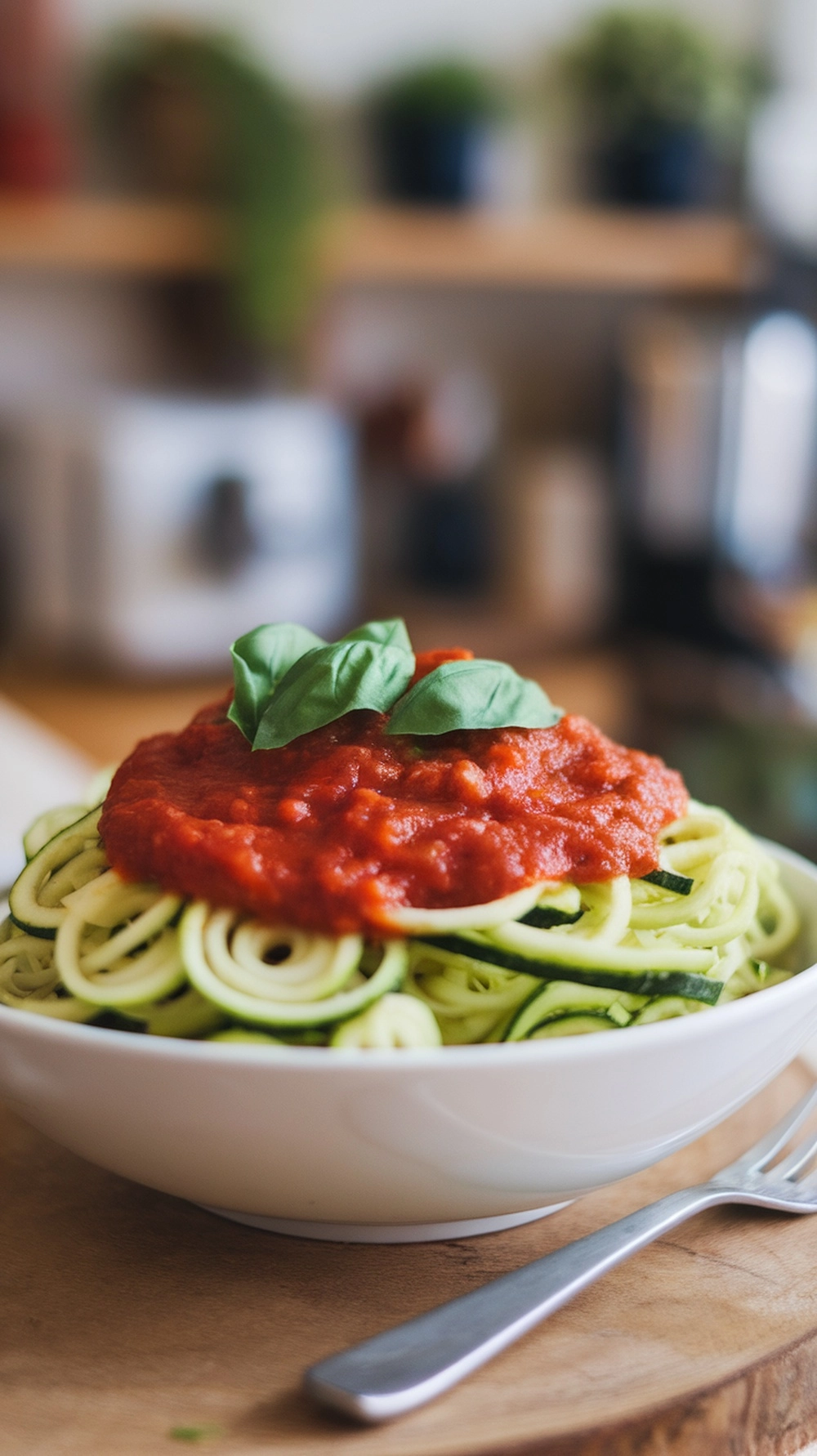 A bowl of zucchini noodles topped with marinara sauce and fresh basil.