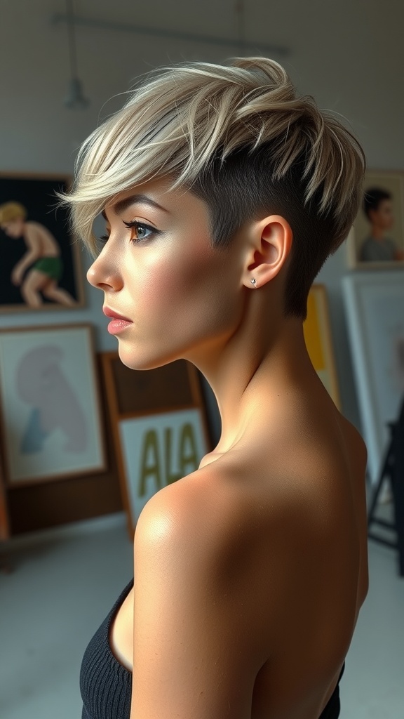 A woman with an asymmetrical short haircut, featuring one side shorter than the other and styled with soft layers.