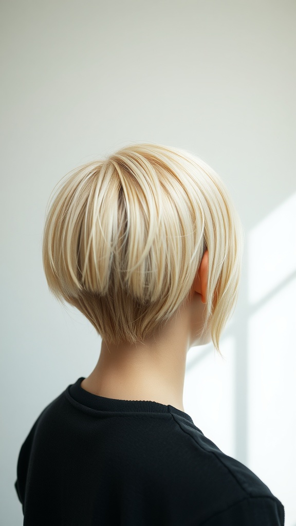 A close-up of a blonde tapered haircut, showcasing the stylish and modern look from the back.
