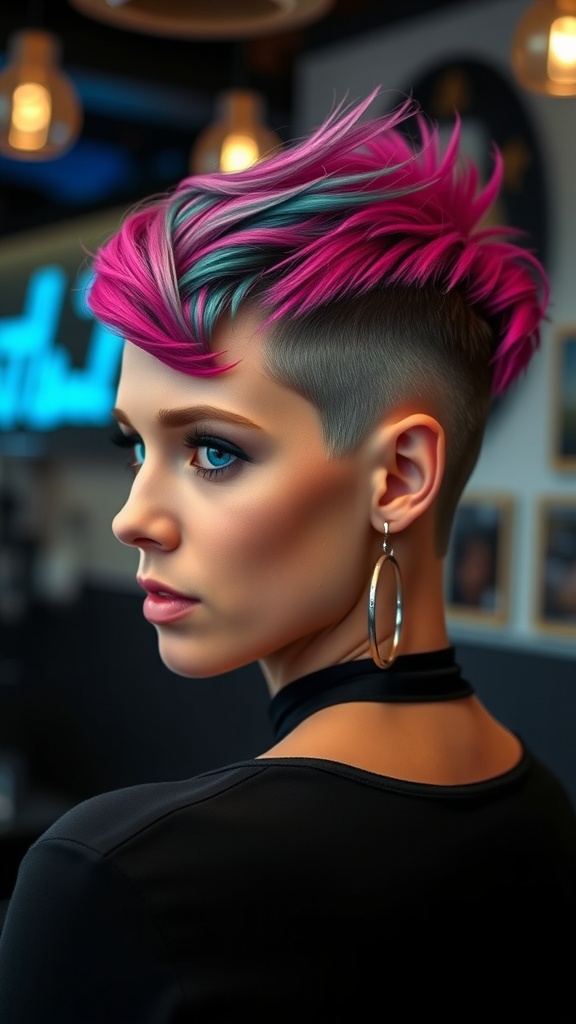 A young person with a bold pixie cut featuring an undercut, styled with vibrant pink and blue colors, showcasing a confident look.