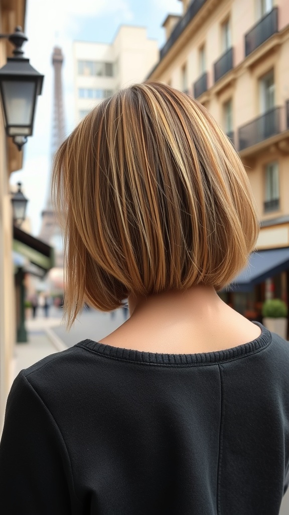 A woman with a classic French bob hairstyle, showcasing sleek hair with highlights, standing in a Parisian street with the Eiffel Tower in the background.