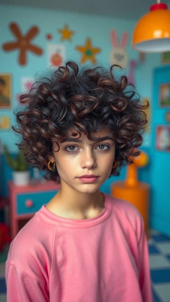 A person with curly short shag hairstyle, showcasing defined curls in a vibrant room