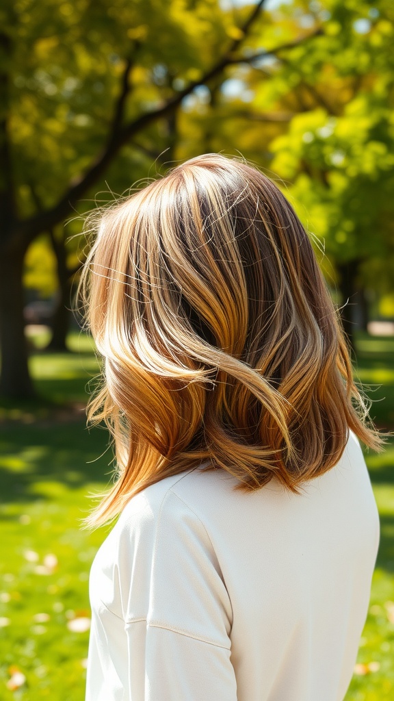 A woman with layered lob hairstyle and highlights outdoors.