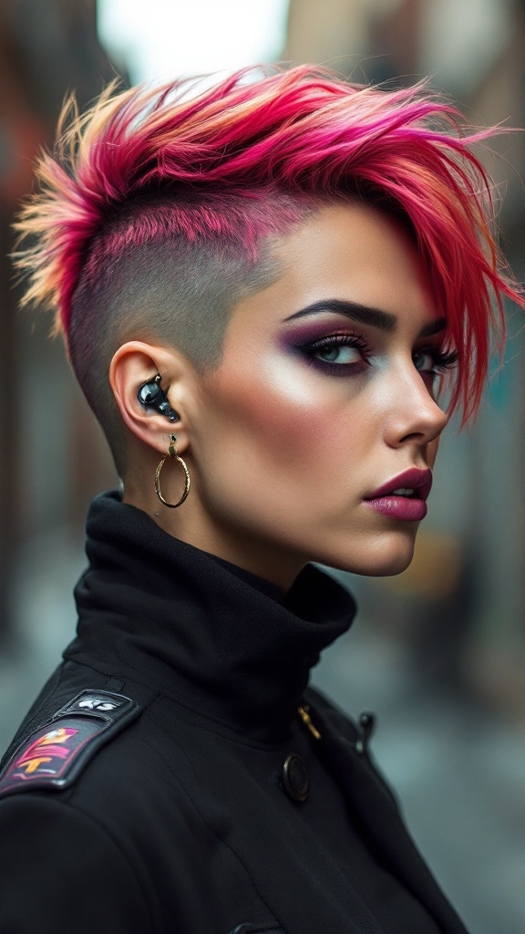 A person with a punk-inspired undercut hairstyle, featuring longer hair styled upwards and short sides, wearing a leather jacket and standing in an urban setting.
