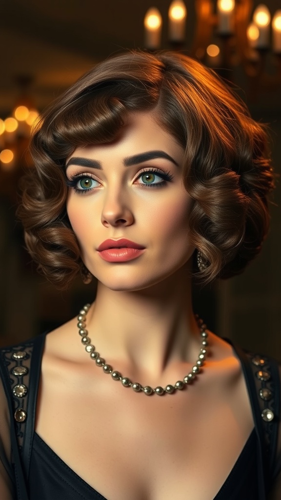 A woman with a retro flapper bob hairstyle, featuring soft curls and a pearl necklace, set in a vintage-inspired environment.