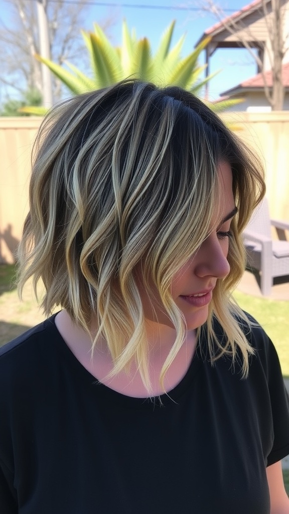 A side view of a woman with a sassy layered crop hairstyle, featuring soft waves and a light blonde color.