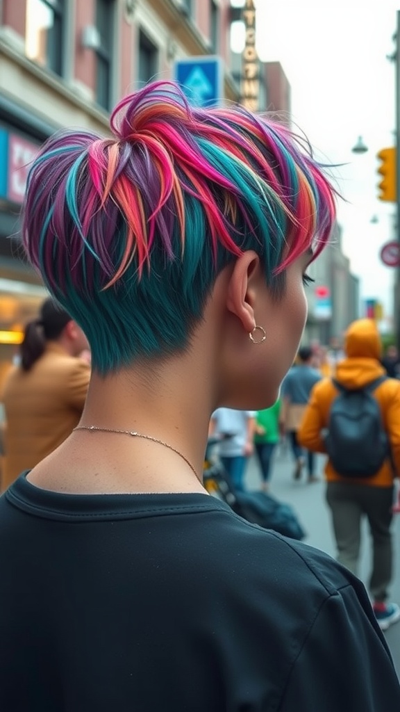 A person with short hair featuring colorful streaks of pink, blue, and purple, walking through a city street.