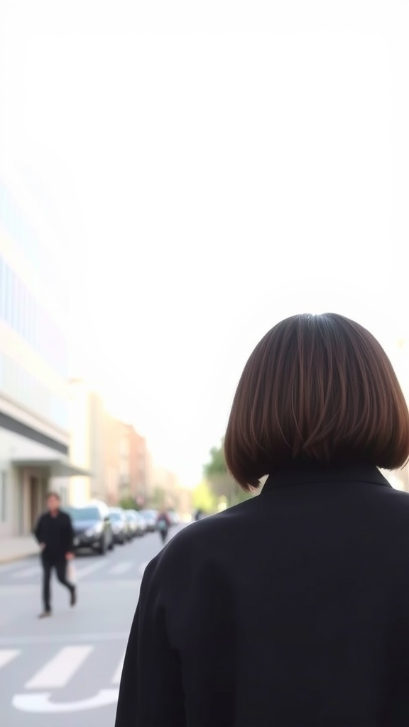 A person with a sleek blunt cut hairstyle standing on a city street.