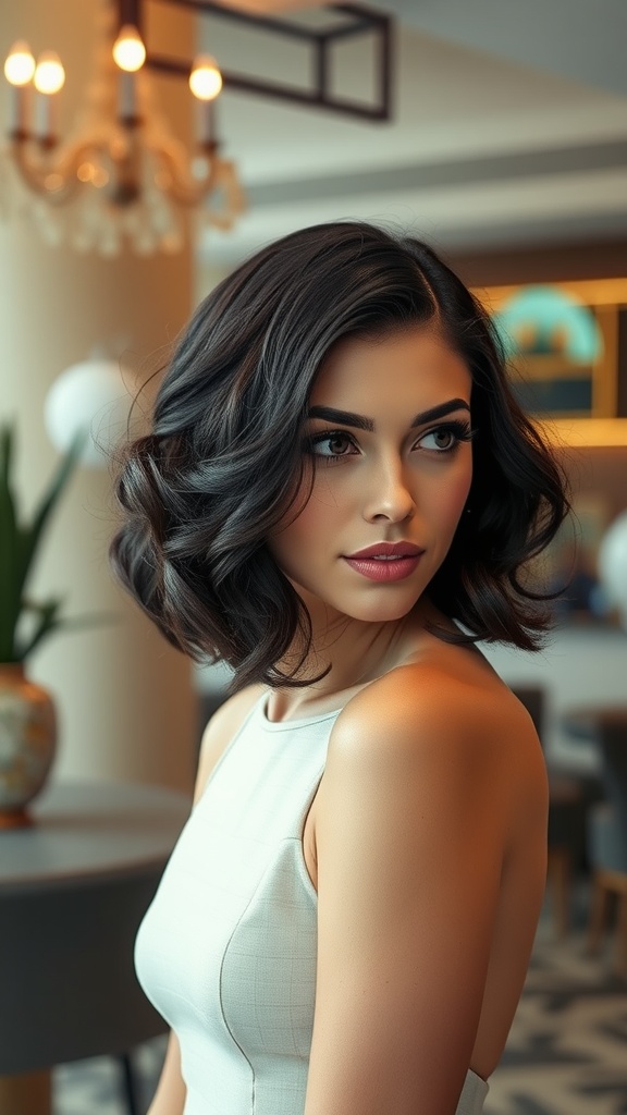 A woman with a sophisticated curly bob hairstyle, posing elegantly in a modern interior.