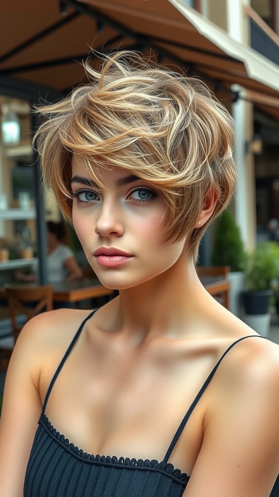 Short Hair Inspiration for a Fresh, Flattering Look 2 A close-up of a person with a textured pixie cut, showcasing choppy layers and soft highlights.