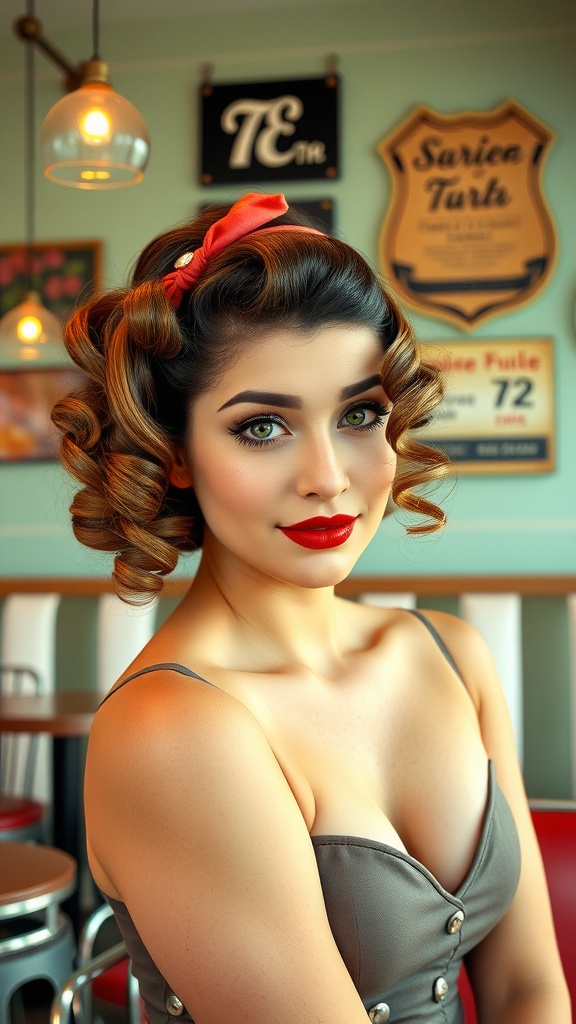 A model with short curly hair styled in a vintage pin-up look, wearing a gray outfit and a red ribbon in her hair.