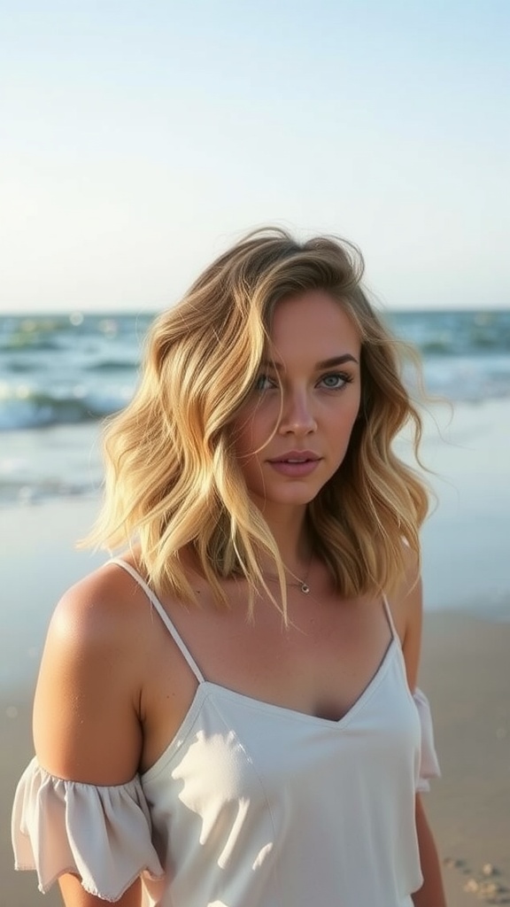 A woman with wavy lob hairstyle and subtle balayage standing on the beach