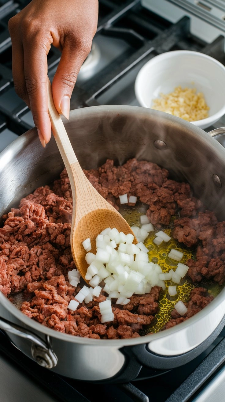 Golden brown ground beef cooking in a pot with diced onions being stirred by a Black woman’s right hand holding a wooden spoon properly, with steam rising and a bowl of minced garlic nearby.