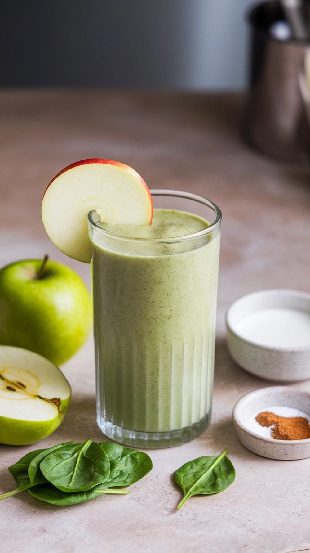 Green Spinach Easy Smoothie Recipe with apple slice garnish and ingredients including sprinkled spinach nearby