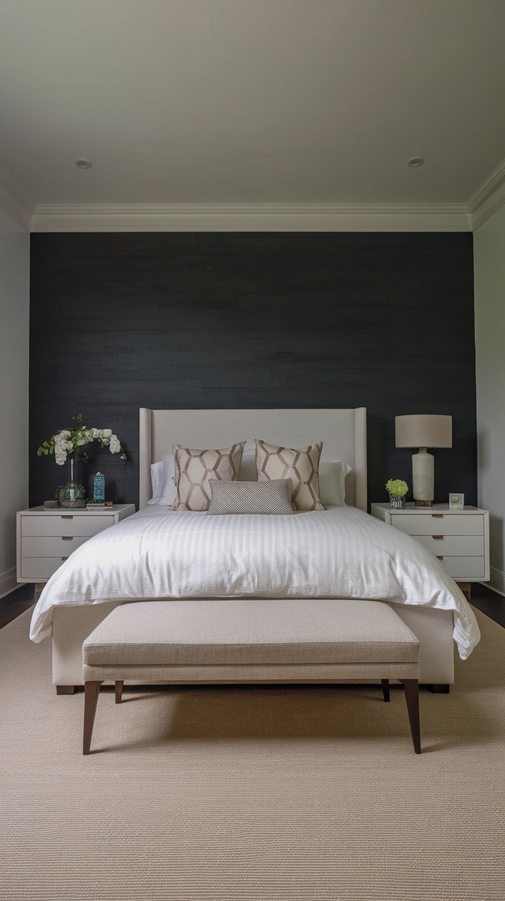 Bedroom with dark grey accent wall behind bed and light grey accessories