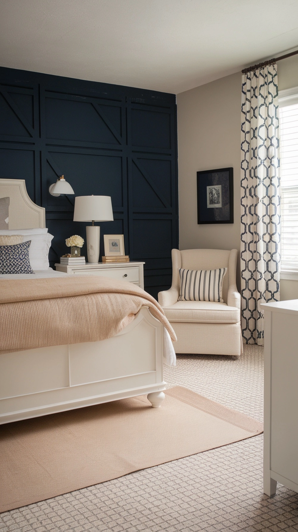 Bedroom with navy blue accent wall behind bed