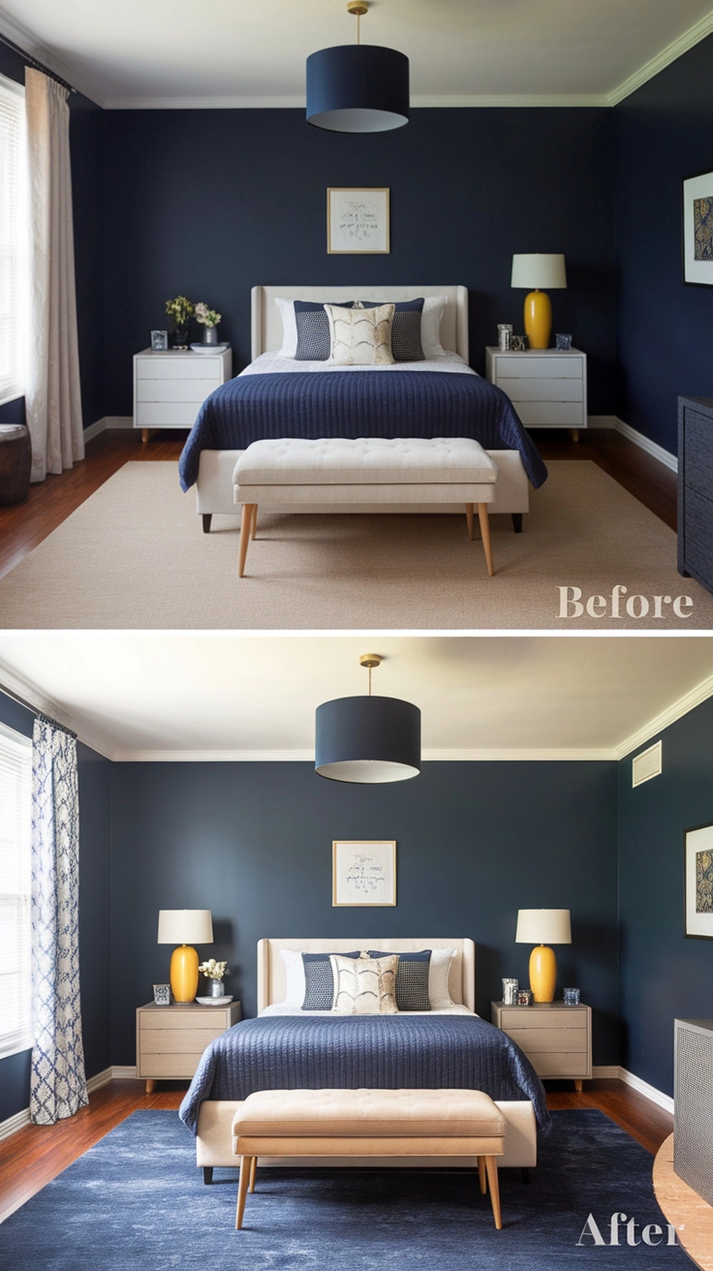 Before and after of a navy blue bedroom showing common mistakes fixed