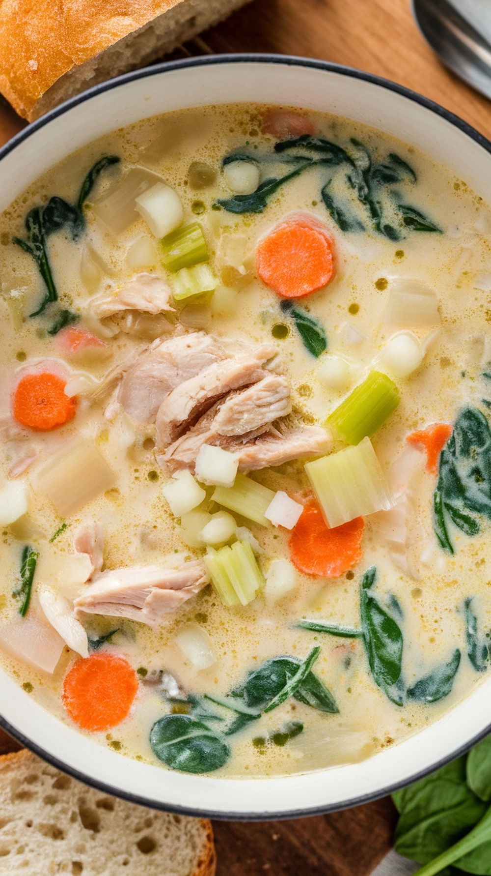 Delicious Chicken and Rice Soup with Spinach served on a bowl