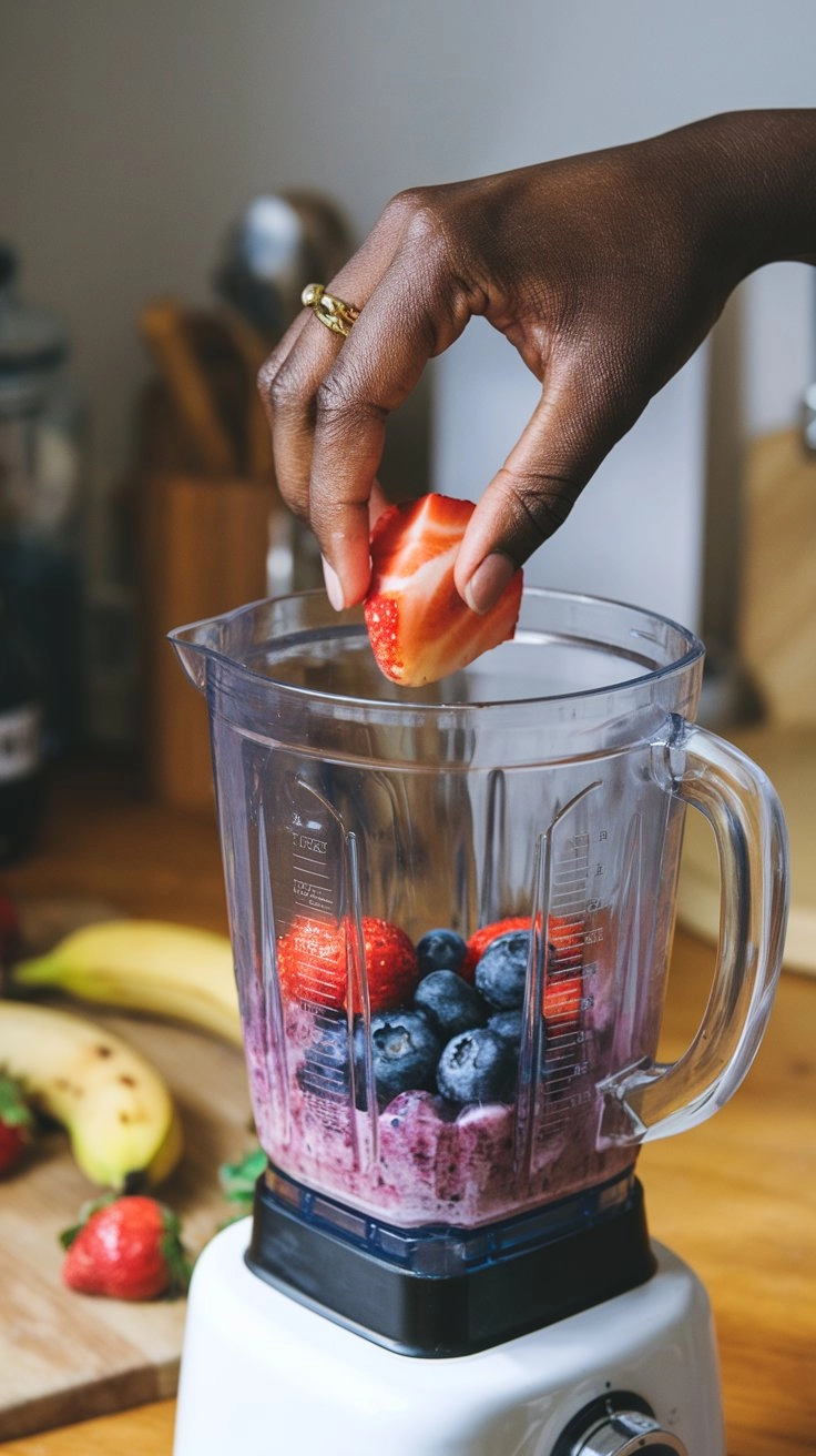 Top-down view of fruit being added to a blender with banana, strawberries, and blueberries on the counter