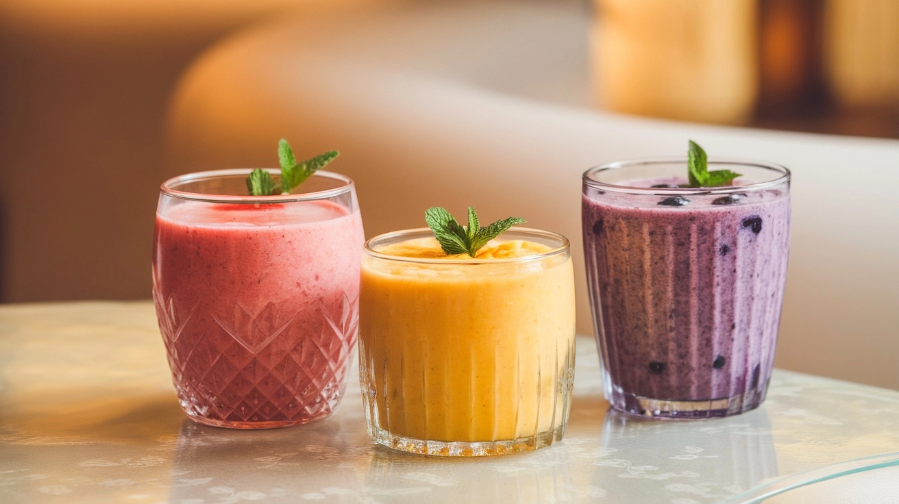 Best Easy Smoothie Recipes for Beginners 1 Three colorful Easy Smoothie Recipes in tall and short glasses with mint garnish on a styled surface