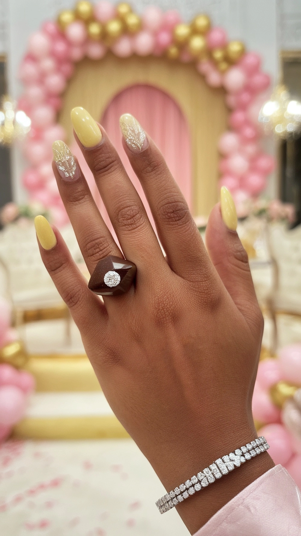 Butter yellow nails with intricate designs, showcasing elegance and style