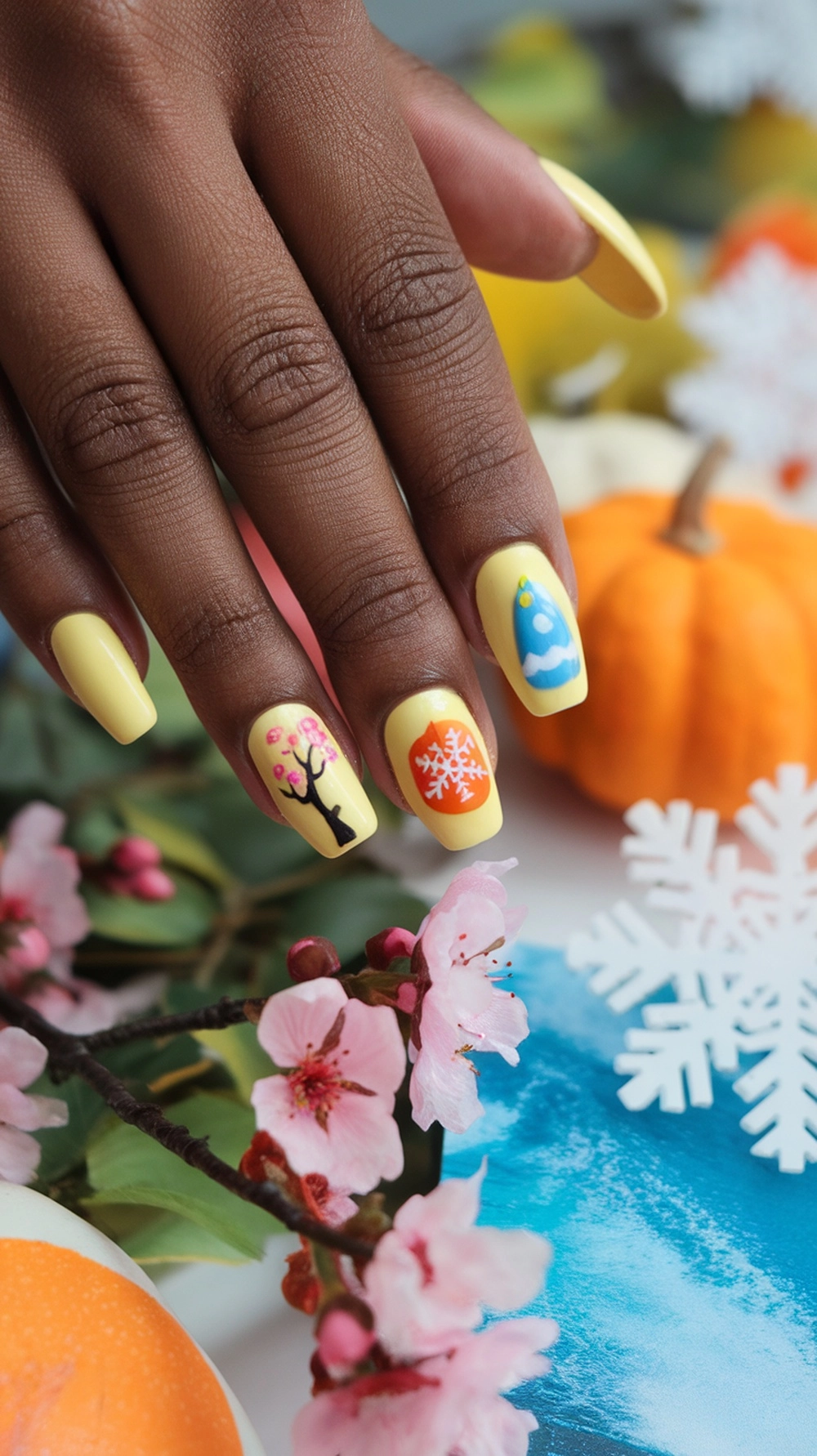 Butter yellow nails with seasonal designs among flowers and decorative items.