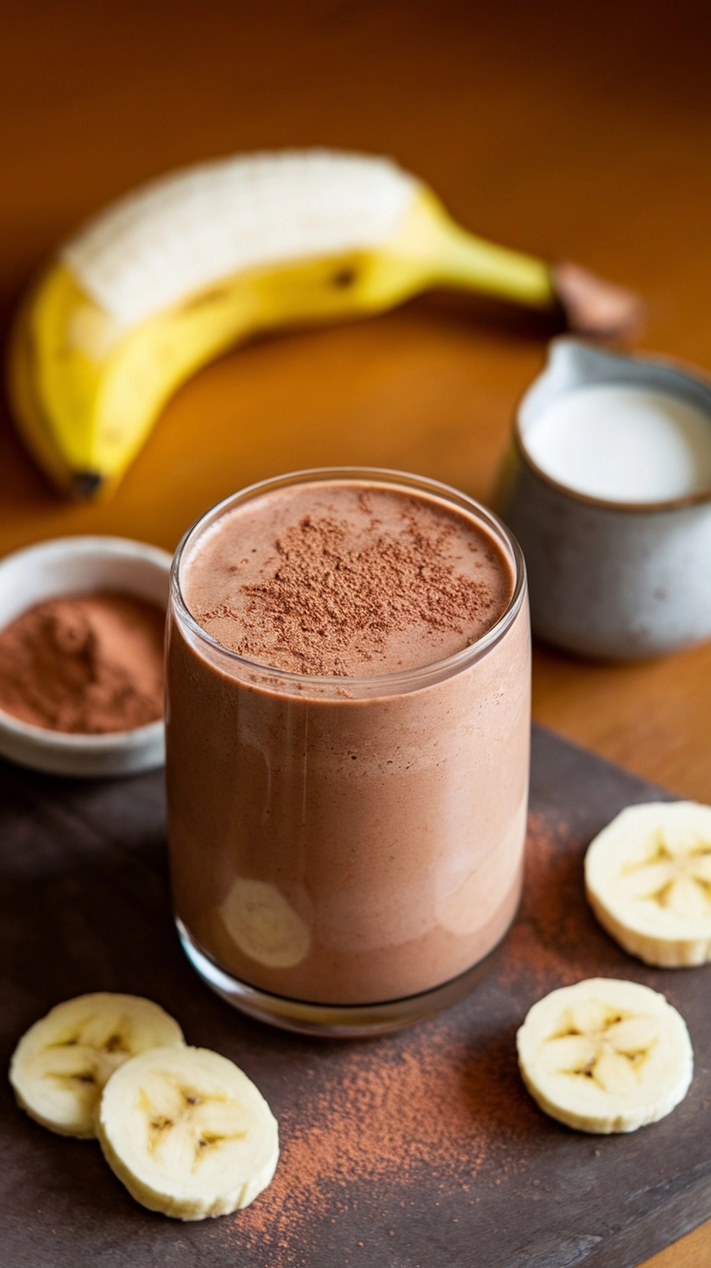 Chocolate Banana Easy Smoothie Recipe topped with cocoa powder and ingredients arranged beside the glass