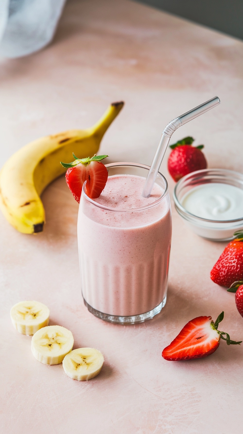 Strawberry Banana Easy Smoothie Recipe with a straw and strawberry garnish, ingredients beside the glass