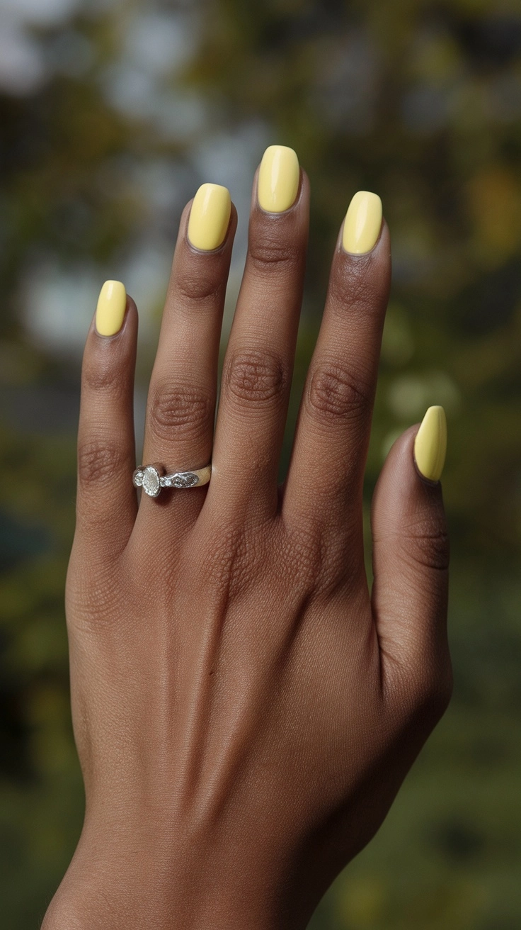 A close-up of hands doing nail art with a focus on butter yellow and brown nail polish