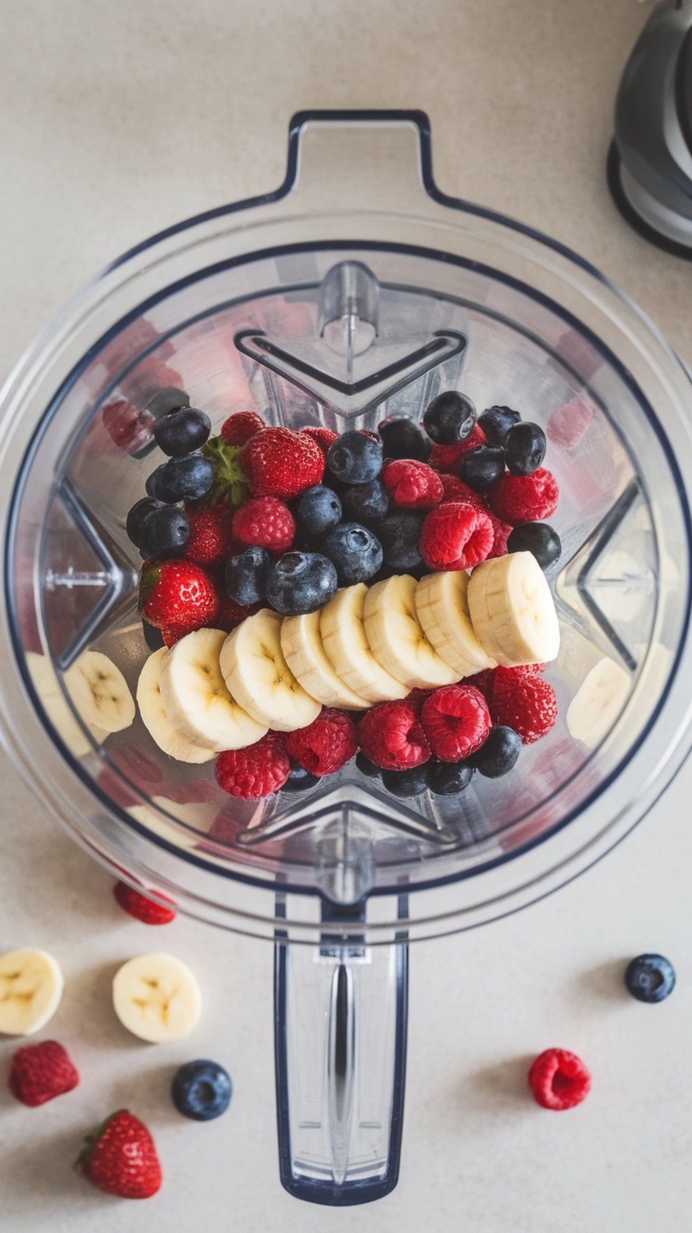 Blender with ingredients for Easy Smoothie Recipes featuring berries and banana