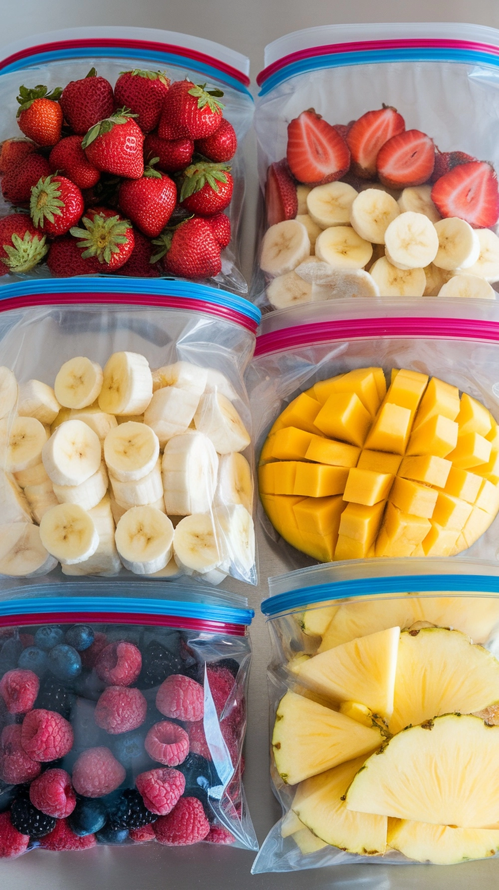 Halved strawberries, raspberries, bananas, mango, berries, and pineapple packed in zip bags for smoothies