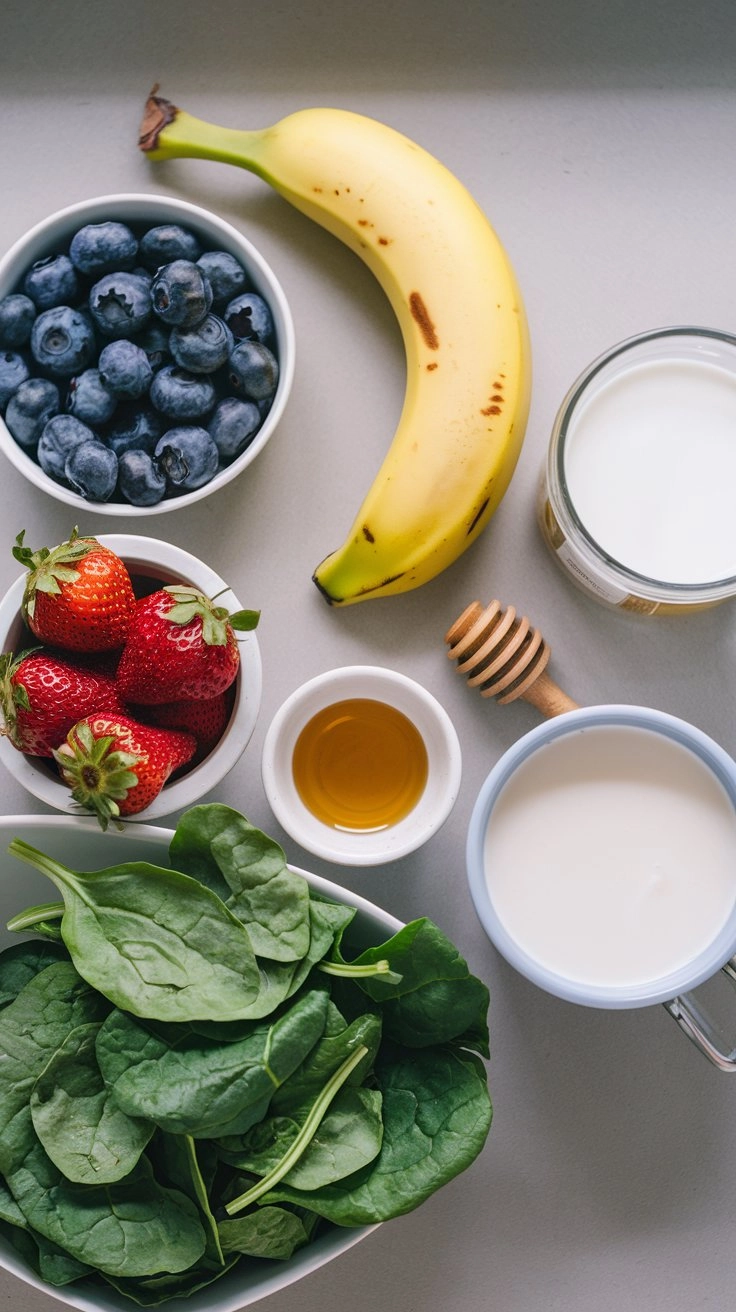 Top-down view of neatly arranged smoothie ingredients including fruit, milk, yogurt, and greens