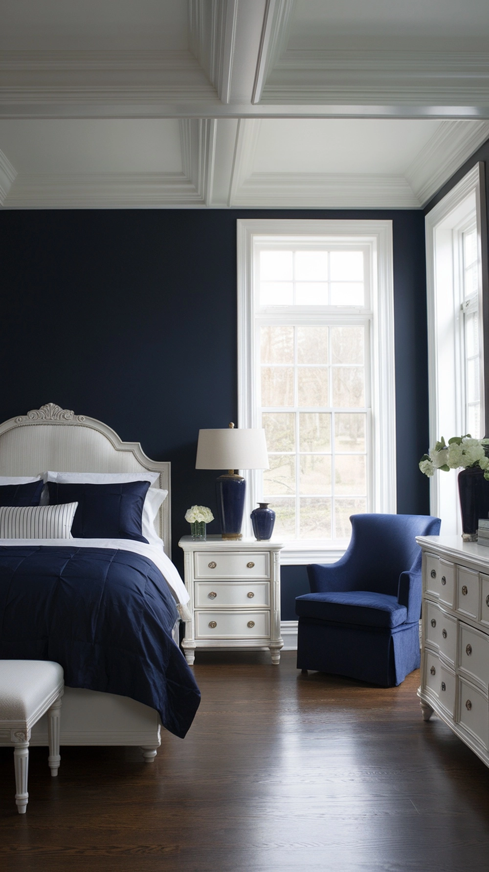 Final styled navy blue bedroom showcasing all design principles